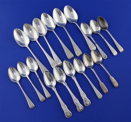 A set of six George IV silver Old English pattern dessert spoons by Jonathan Hayne & 12 other spoons.